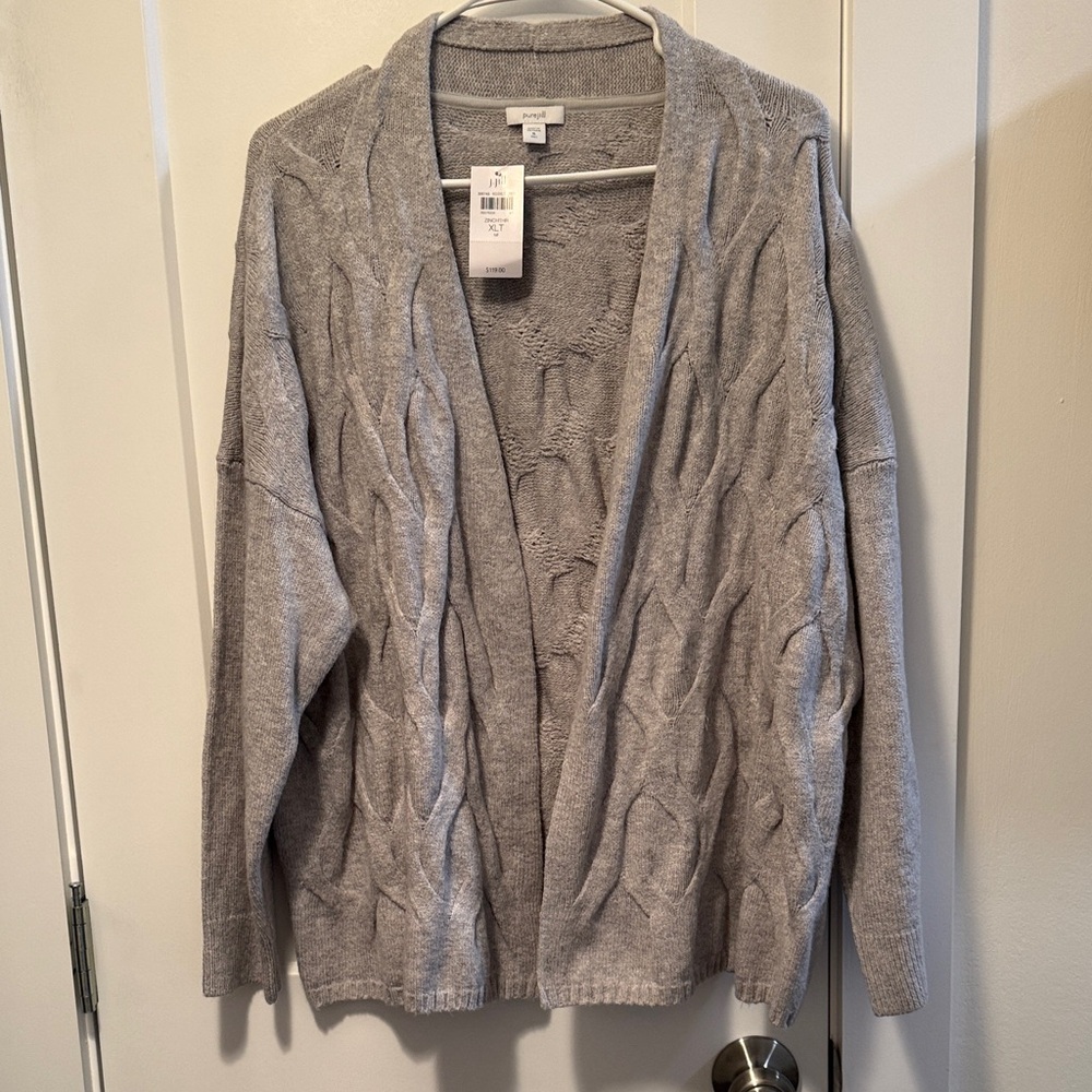 J. Jill Women's Light Gray Textured Cable Knit Cardigan size XLT NWT